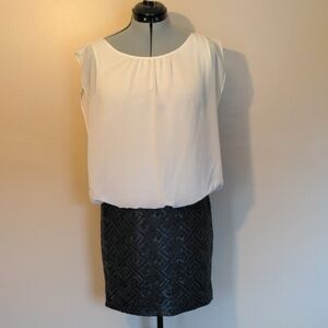 Aidan Mattox Cream and Black Geometric Pencil Dress